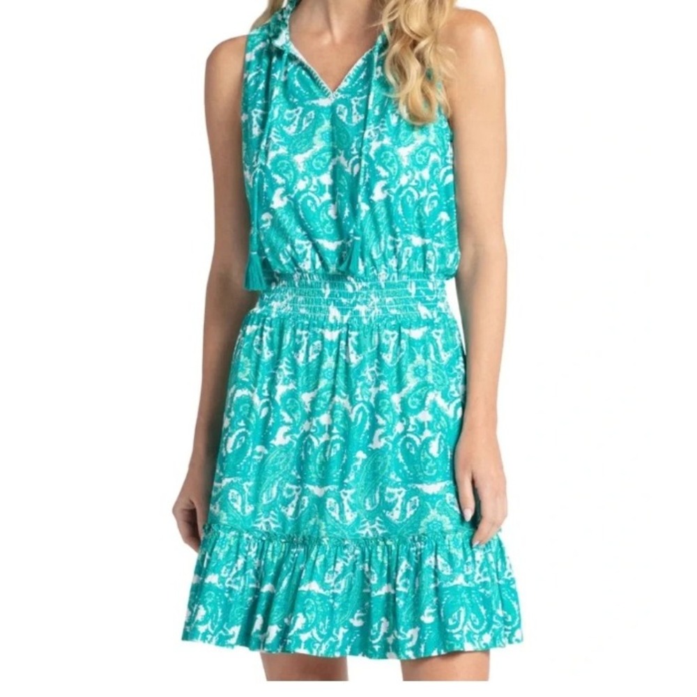 Cabana Life Womens M Teal White St. Pete Sleeveless Ruffle Dress NWT